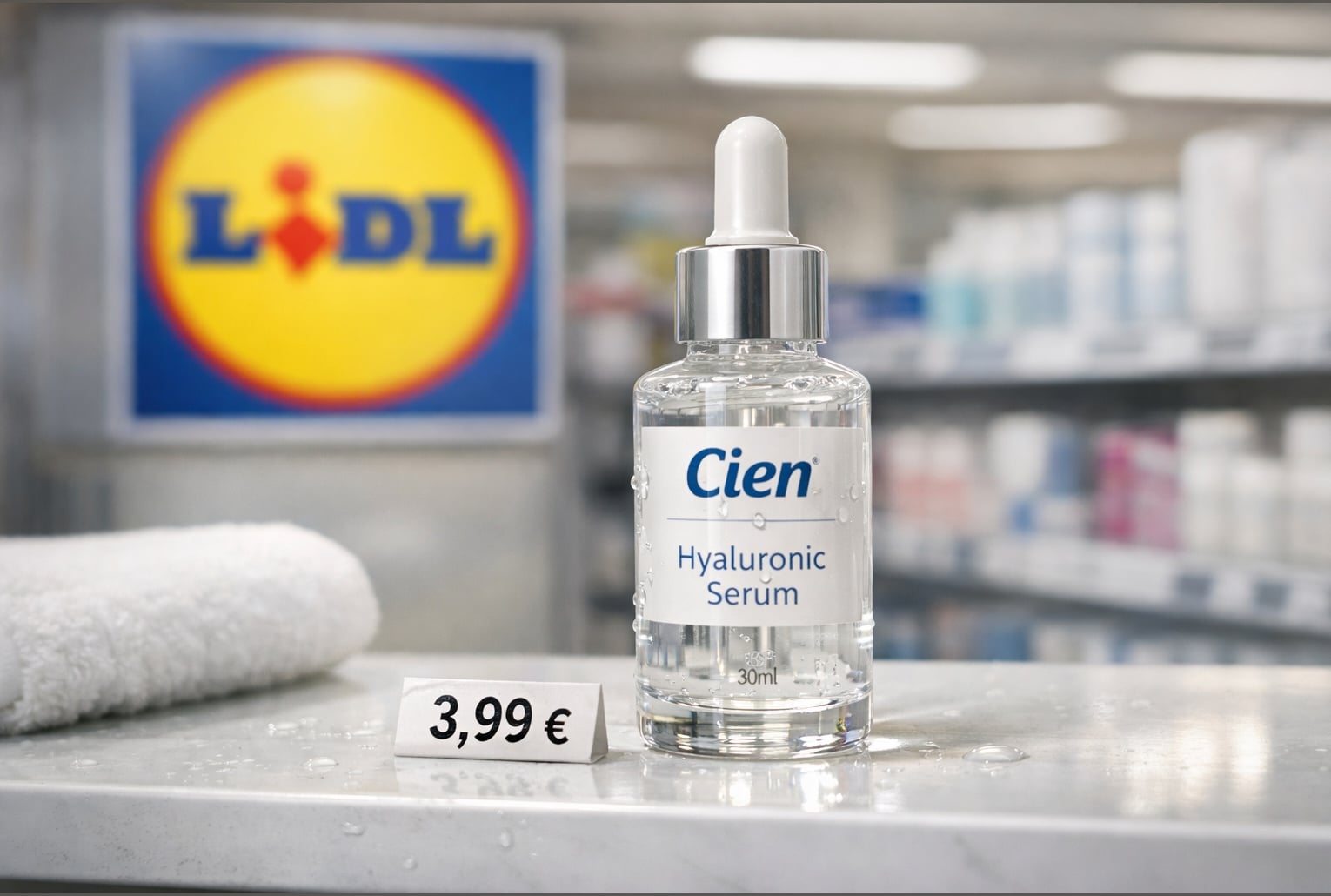 Sérum Cien Lidl à l’acide hyaluronique mis en avant en rayon, prix 3,99 €.