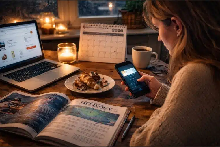 Femme assise à table en soirée, smartphone en main, ordinateur ouvert et calendrier de janvier 2026 éclairé à la bougie.