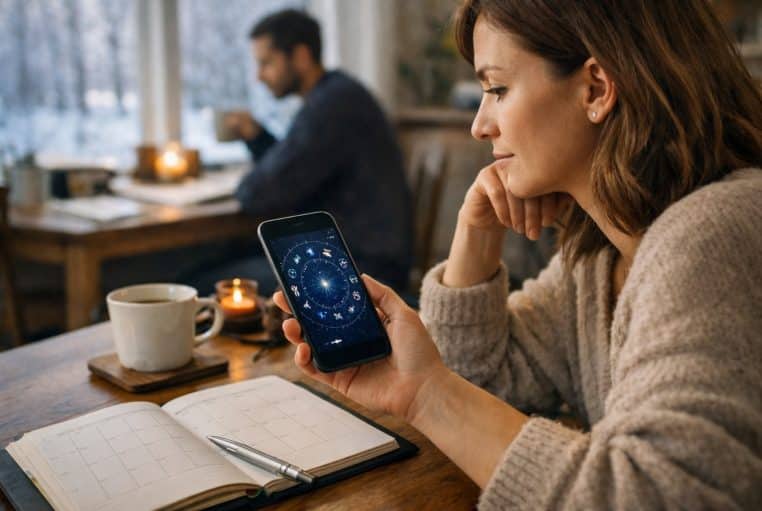 Femme songeuse consultant une appli d’astrologie sur smartphone, carnet ouvert sur une table d’hiver.