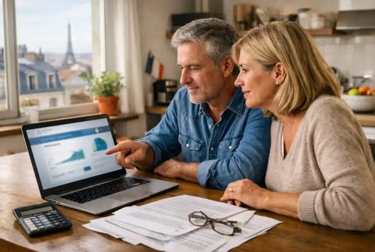 Couple de Français consultant un simulateur officiel retraite sur ordinateur, avec documents et calculatrice.
