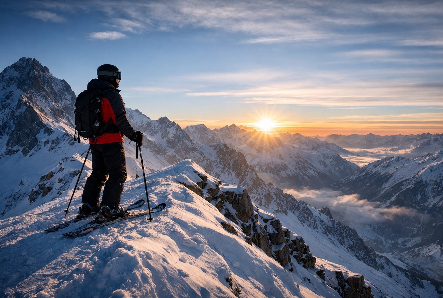 Skieur expert seul au lever du soleil sur une arête enneigée en très haute montagne, lumière froide et ambiance photoréaliste.