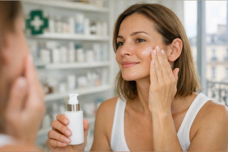 Femme appliquant un soin SPF sur la joue devant un miroir, flacon pompe blanc, lumière du matin.