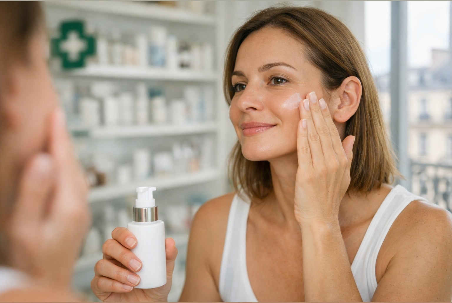 Femme appliquant un soin SPF sur la joue devant un miroir, flacon pompe blanc, lumière du matin.