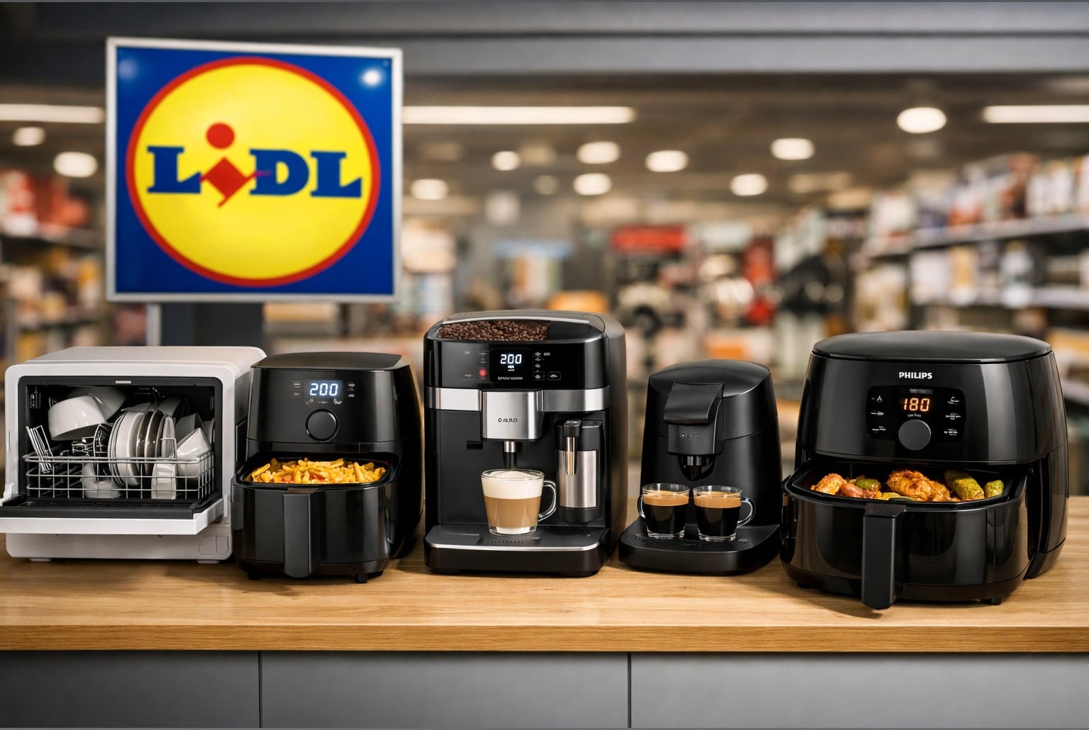 Logo Lidl et cinq appareils de cuisine en promo alignés sur un comptoir : lave-vaisselle, air fryer, cafetières.