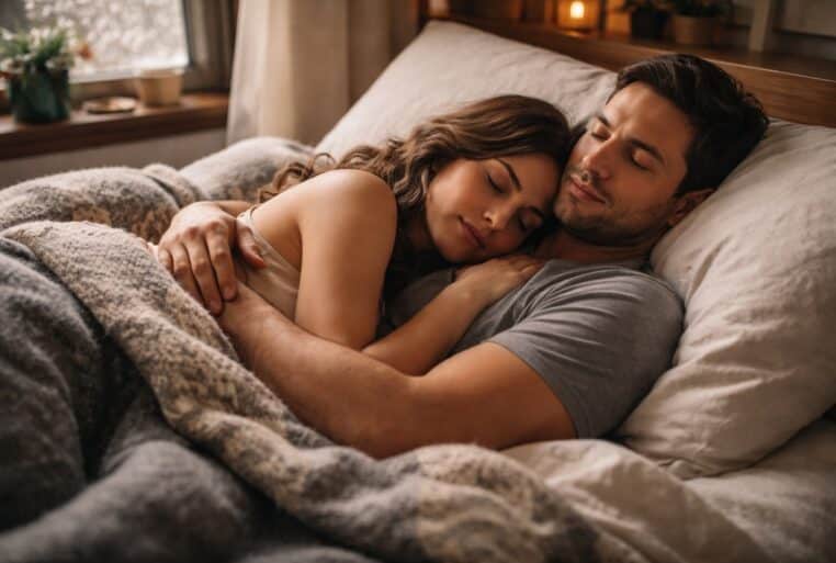 Sommeil à deux : un couple s’endort enlacé sous la couette, lumière douce du matin
