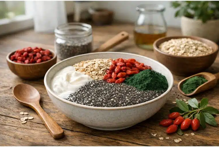 Petit-déjeuner aux superaliments : graines de chia, baies de goji et spiruline sur table en bois
