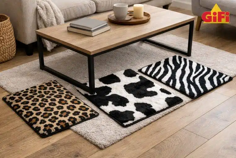 Petit tapis imitation peau de bête (imprimés léopard, vache et zèbre) posé devant une table basse dans un salon moderne, avec un petit logo GiFi en haut à droite.