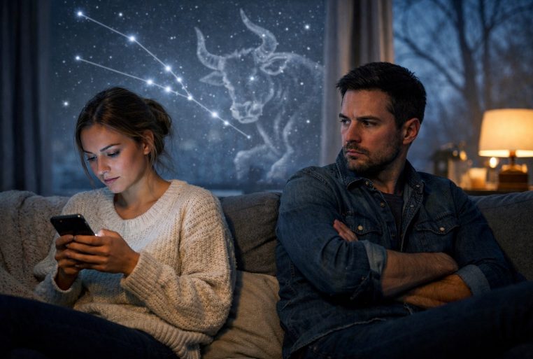 Sur le canapé, le malaise s’installe : un silence lourd, un téléphone qui attire l’attention, et la constellation du Taureau en toile de fond.