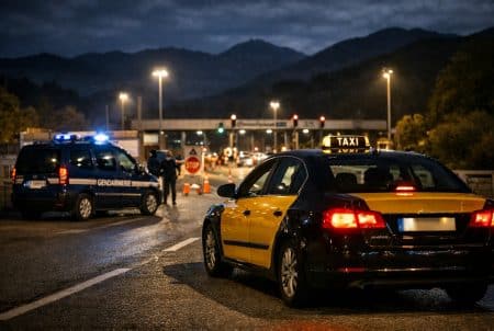 Taxi de Barcelone contrôlé de nuit à la frontière franco-espagnole, gyrophares en arrière-plan.