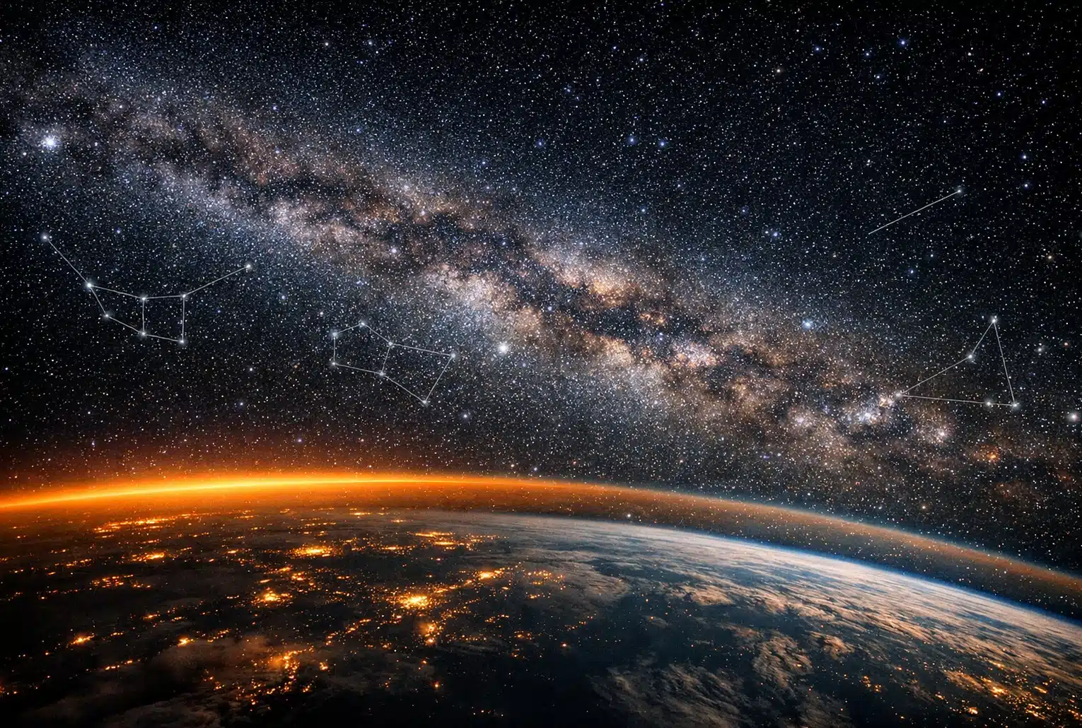 Vue de la Terre depuis l’espace au crépuscule, avec la Voie lactée en arc et trois constellations discrètement tracées (Taureau, Cancer, Capricorne).