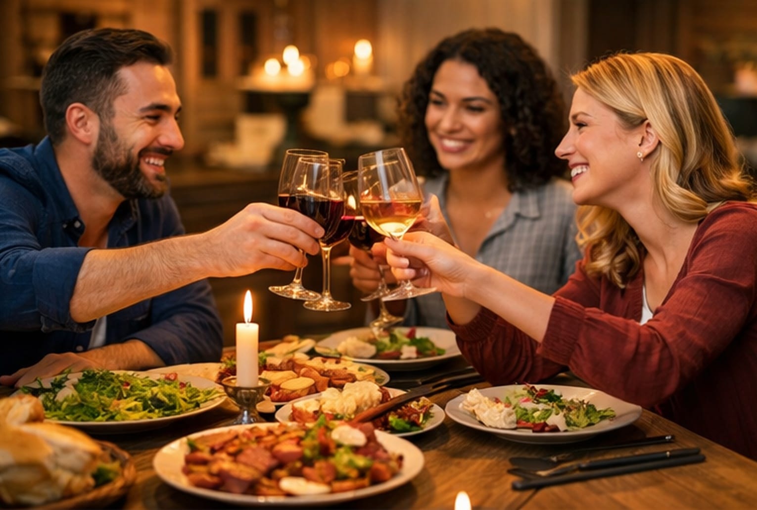 rois amis trinquent autour d’un dîner chaleureux à la maison.