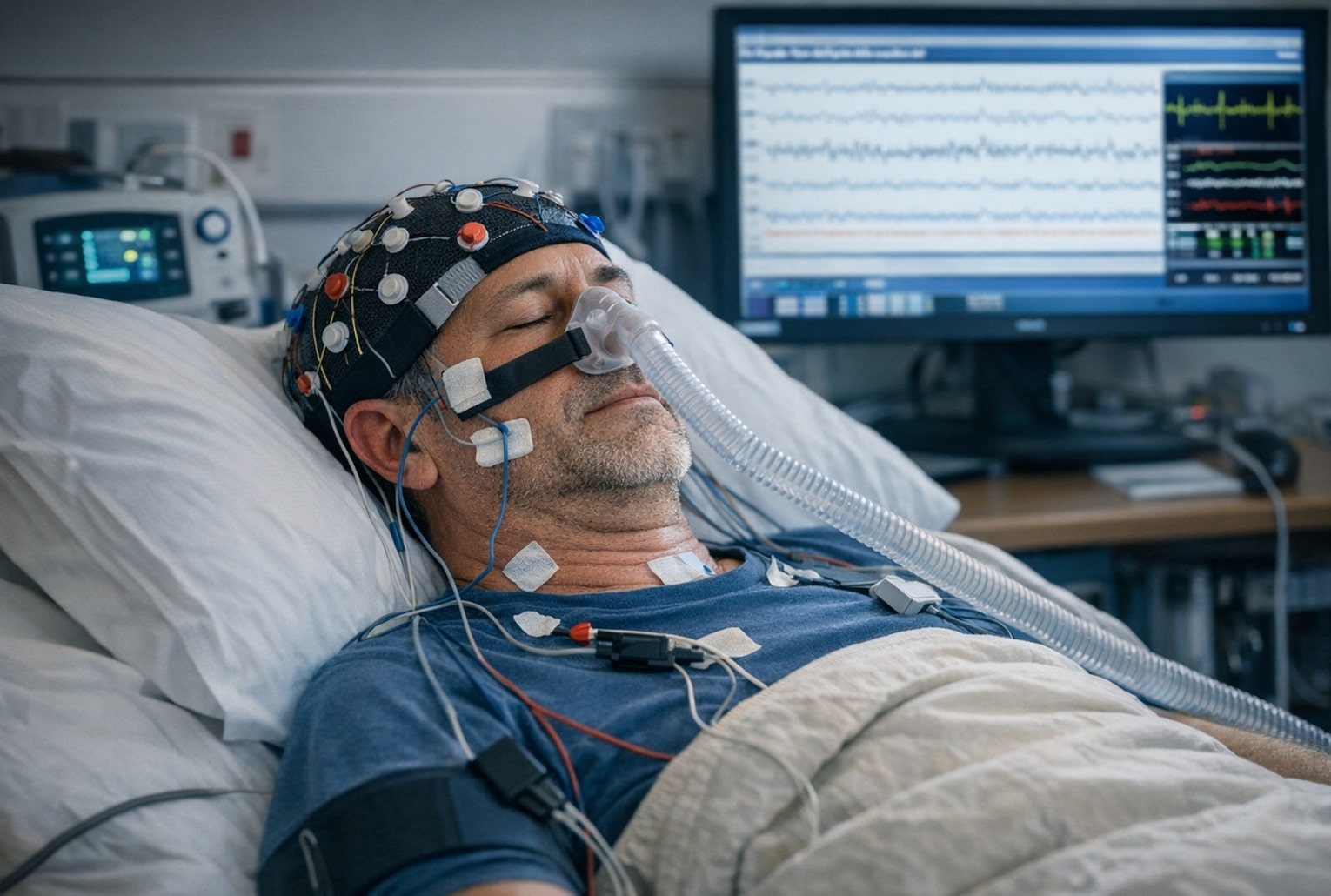 Patient allongé en laboratoire du sommeil, portant un bonnet EEG et un masque de ventilation nocturne, avec un écran de monitoring en arrière-plan.