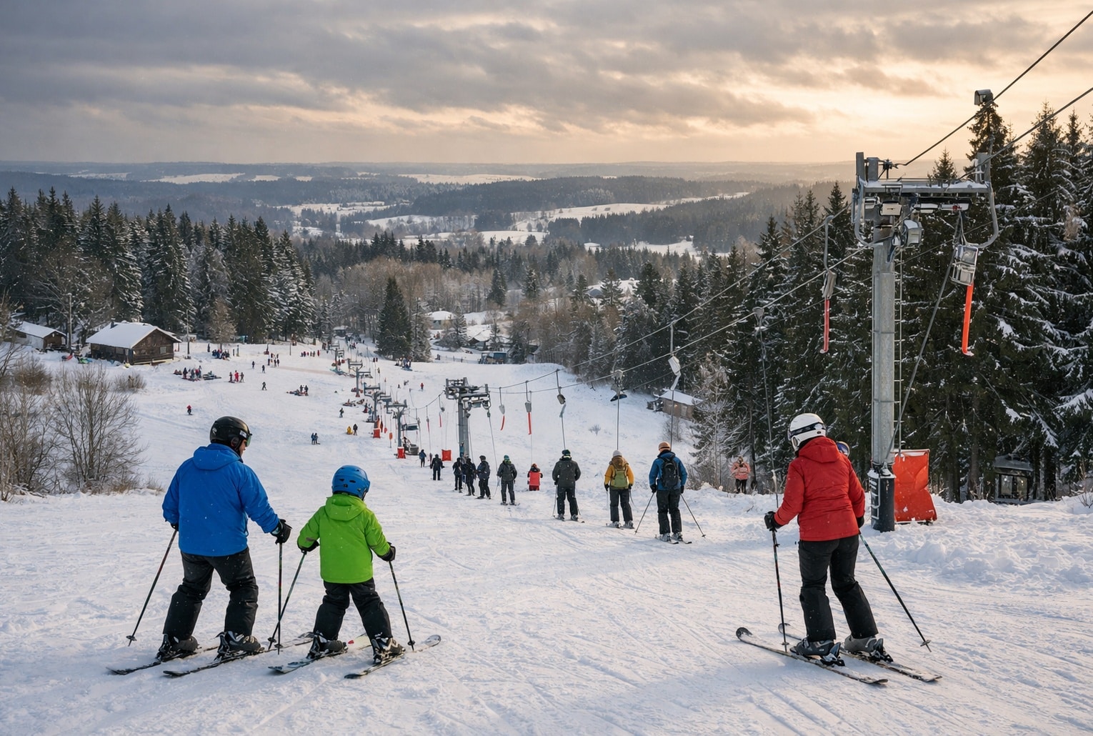 Petite station de ski en forêt, vue en plongée sur une piste familiale avec téléski, skieurs débutants et lumière de fin de journée.
