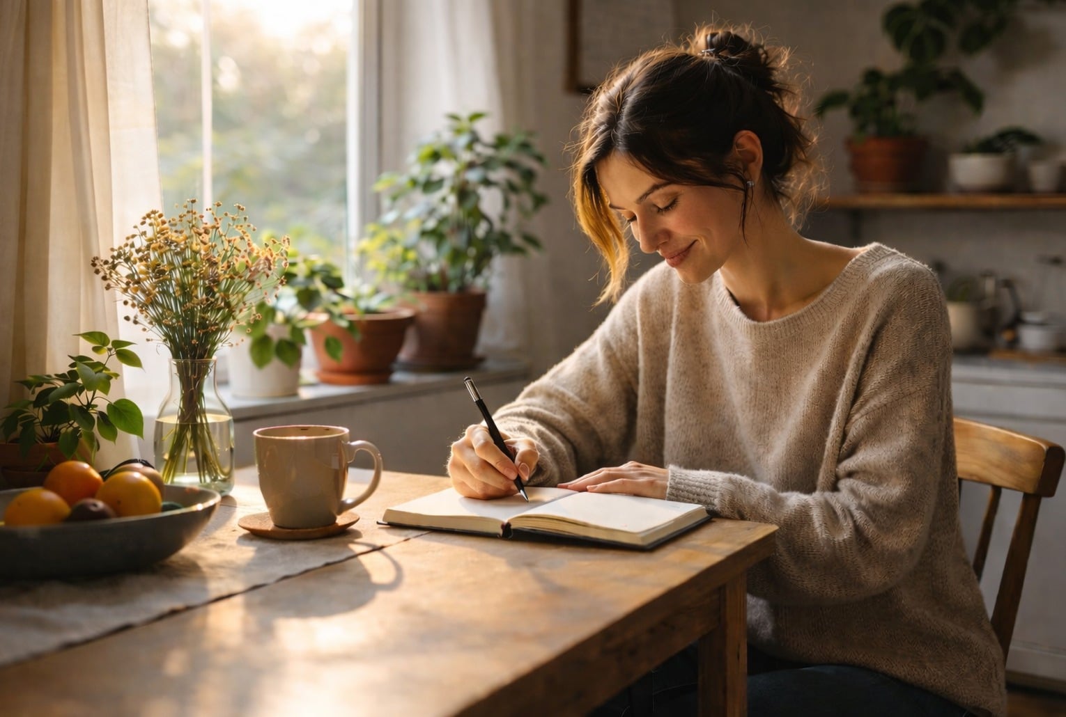 Femme écrivant dans un journal de gratitude à une table en bois, dans une cuisine baignée de lumière du matin.