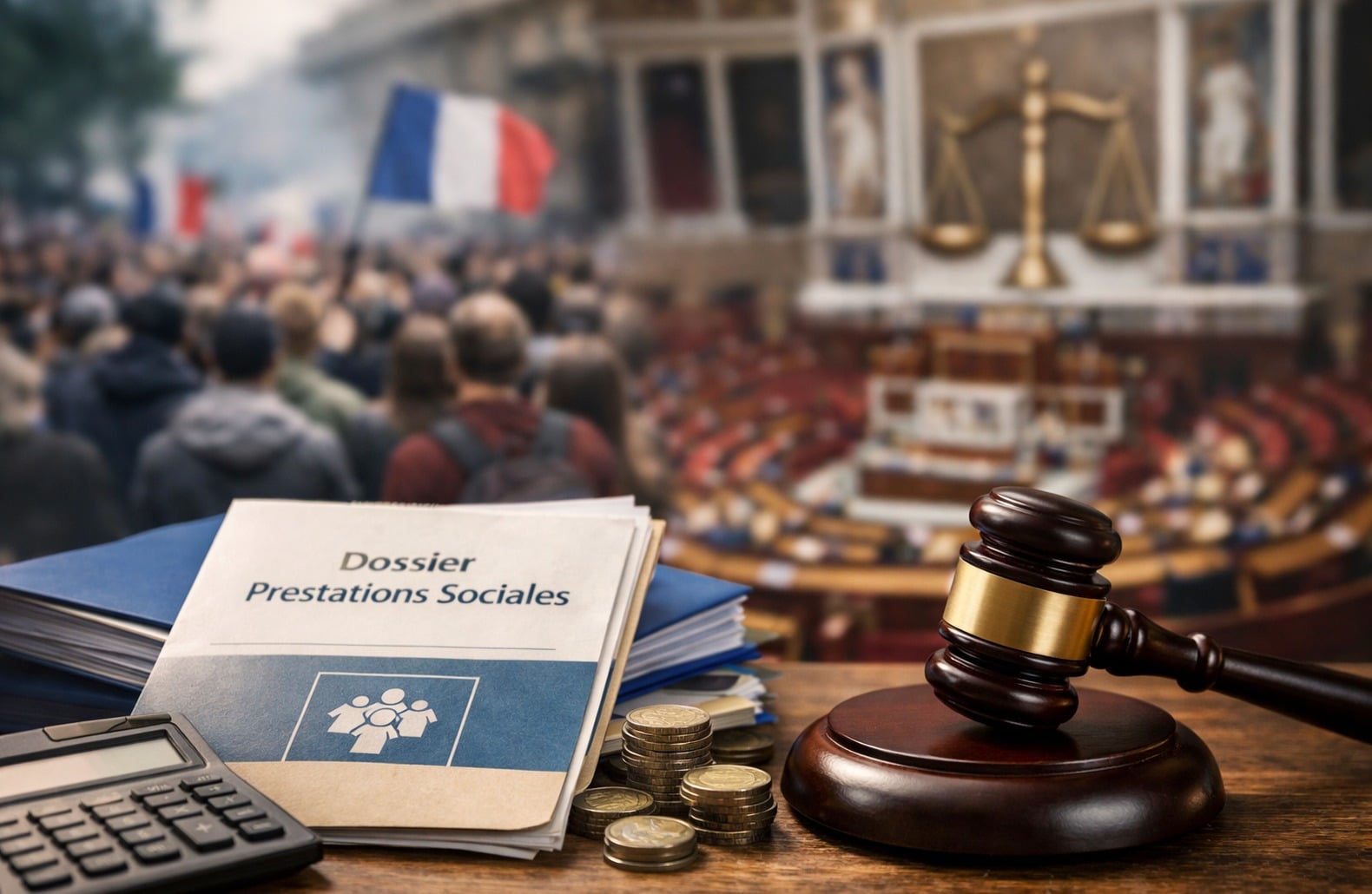 Marteau de justice, dossier de prestations sociales et calculatrice, sur fond flou de manifestation et d’Assemblée nationale.