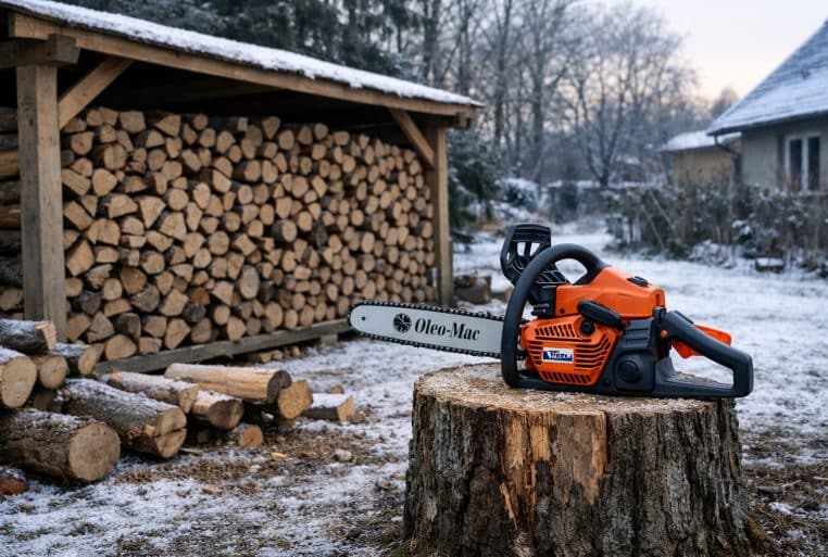 Tronçonneuse thermique posée sur une souche devant un abri à bûches rempli, dans un jardin enneigé en hiver.
