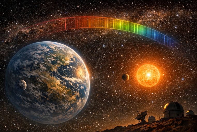 Illustration d’une exoplanète de type terrestre orbitant une naine orange (étoile de type K), sur fond de ciel étoilé, avec des raies spectrales colorées et des observatoires au premier plan.