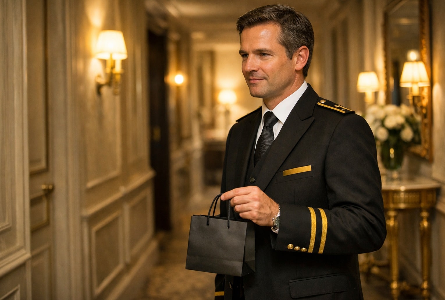 Chasseur en uniforme dans le couloir feutré d’un palace parisien, tenant un sac cadeau noir discret sous une lumière dorée.