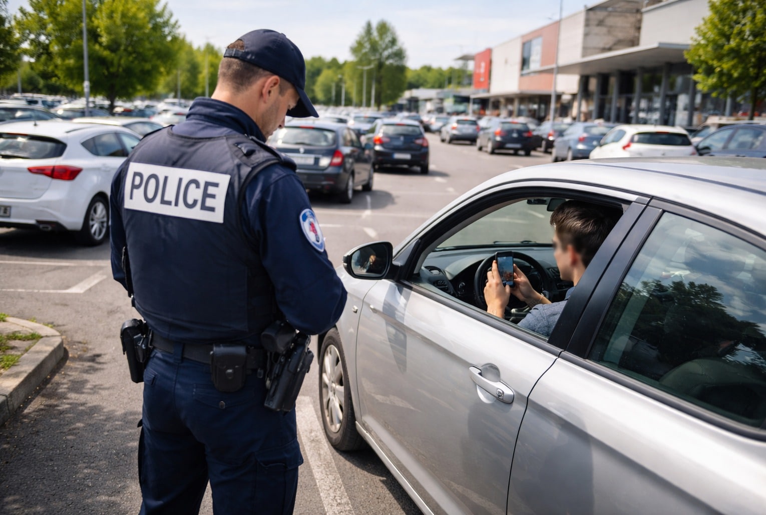 Contrôle de police sur le parking d’un supermarché : un conducteur est surpris avec un téléphone en main au volant.