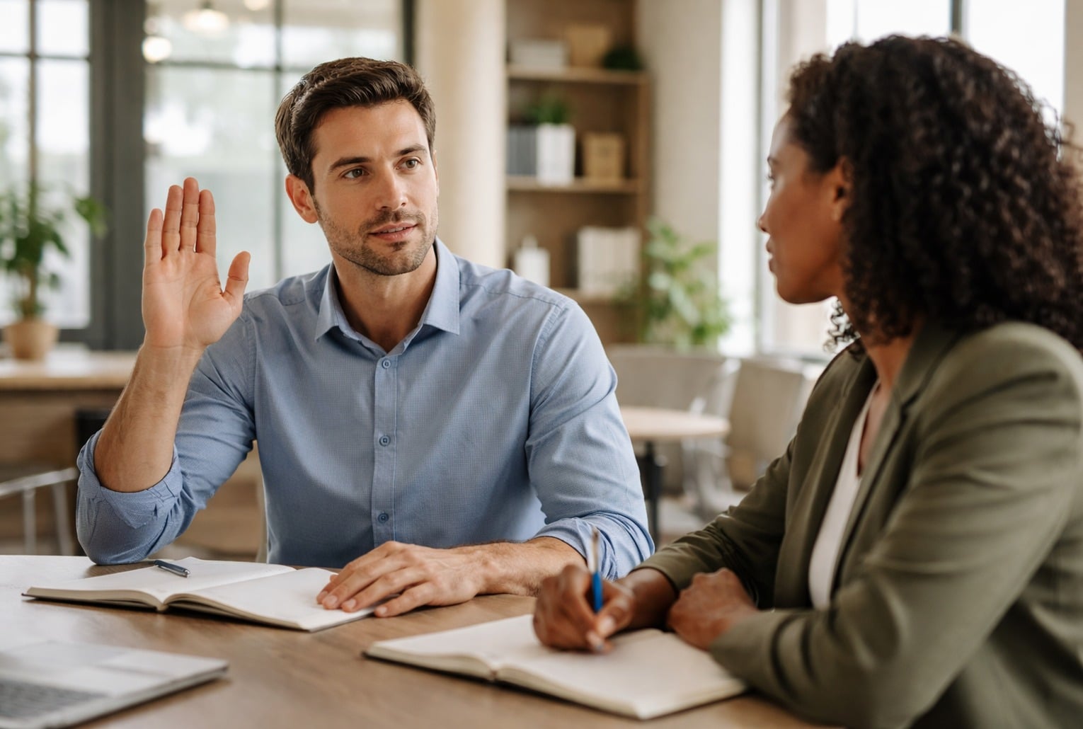 Deux collègues en réunion, l’un lève la main calmement pour reprendre la parole tandis que l’autre l’écoute en prenant des notes.