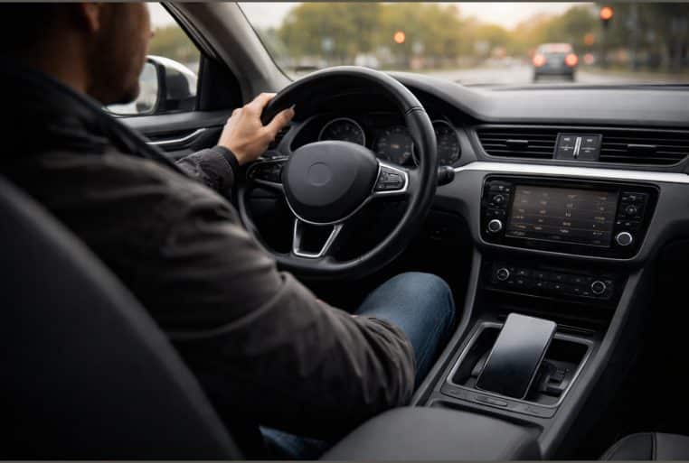 Intérieur de voiture à un feu rouge, conducteur la main sur le volant, smartphone posé dans la console centrale.