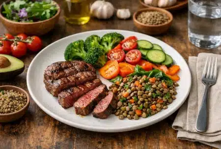 Assiette équilibrée avec une portion de steak de bœuf, des légumes et une salade de lentilles, sur une table en bois.