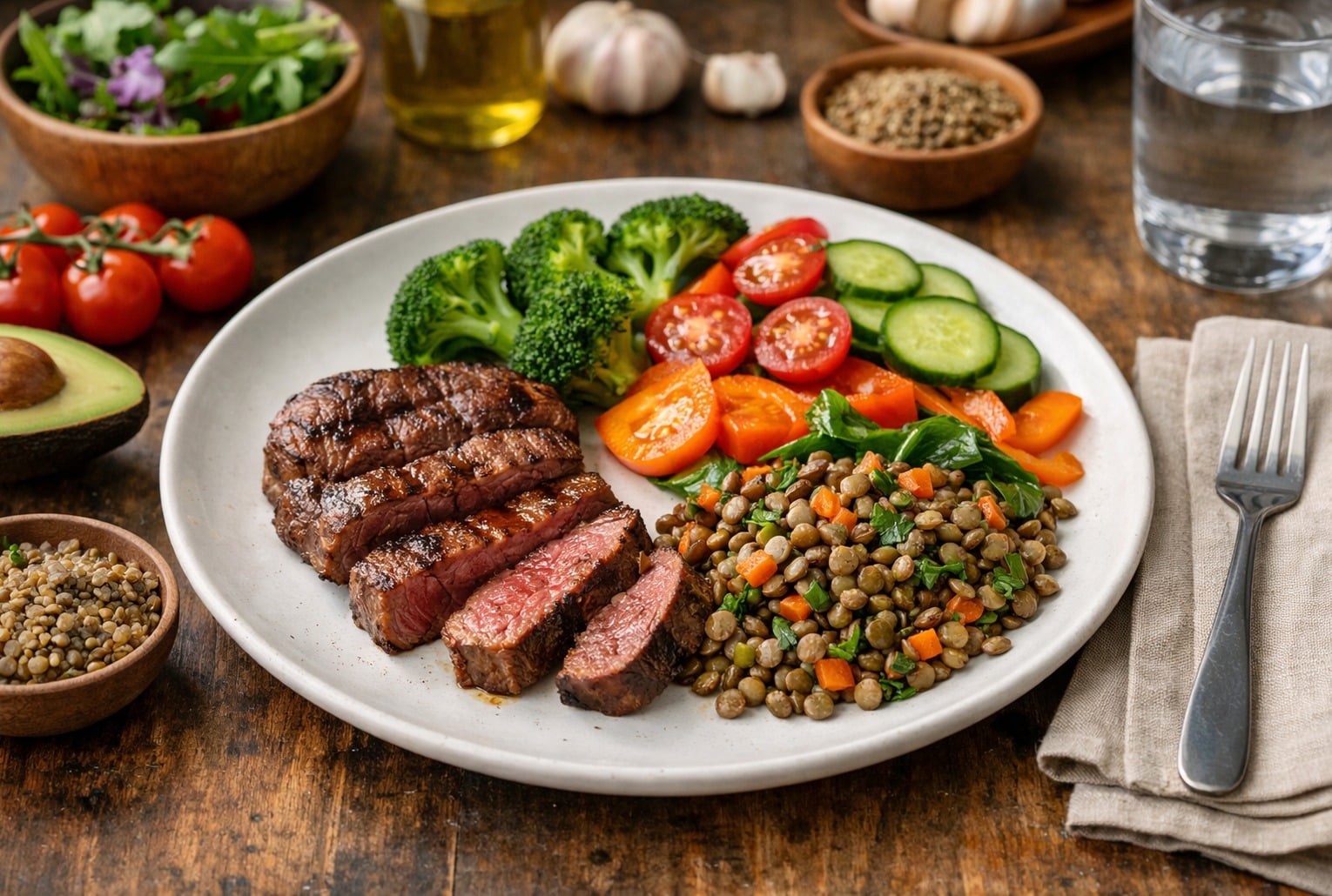 Assiette équilibrée avec une portion de steak de bœuf, des légumes et une salade de lentilles, sur une table en bois.