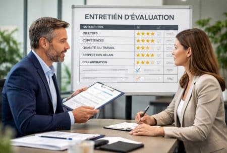 Entretien annuel en entreprise, un manager et une salariée discutent devant une grille d’évaluation aux critères objectifs.