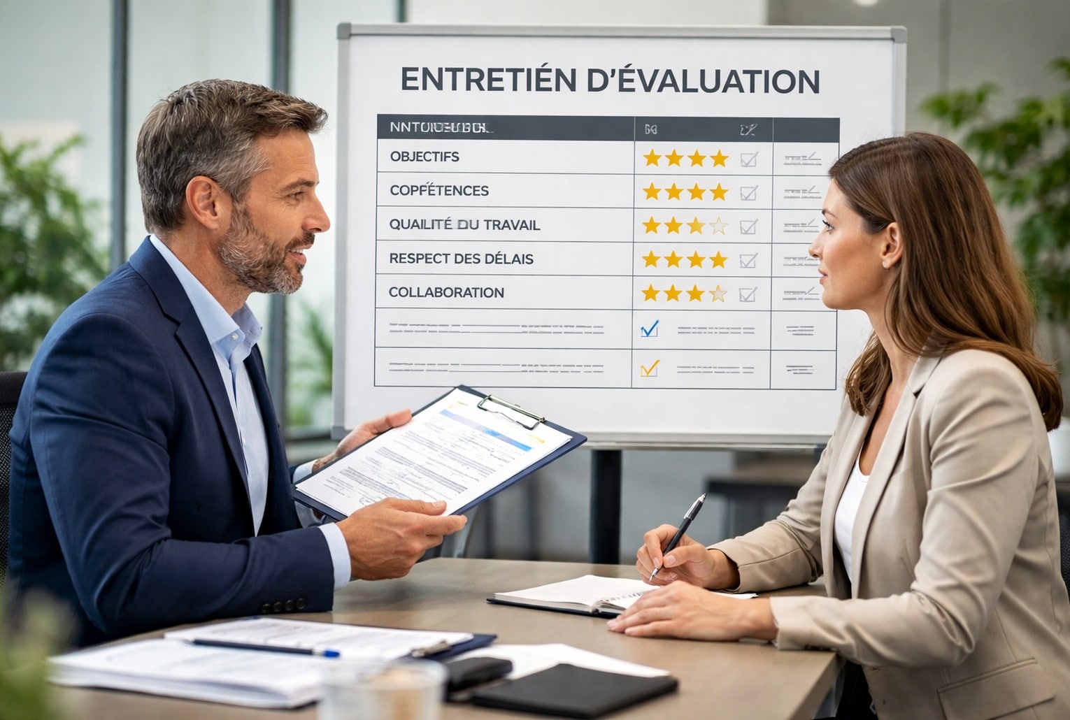 Entretien annuel en entreprise, un manager et une salariée discutent devant une grille d’évaluation aux critères objectifs.