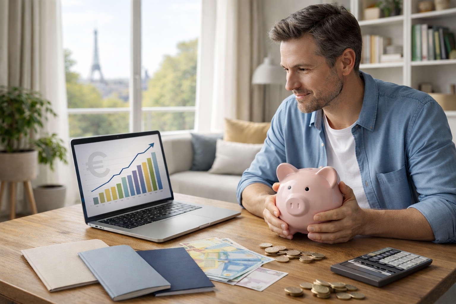 Épargne réglementée : un épargnant consulte un graphique sur ordinateur avec tirelire et pièces en euros.