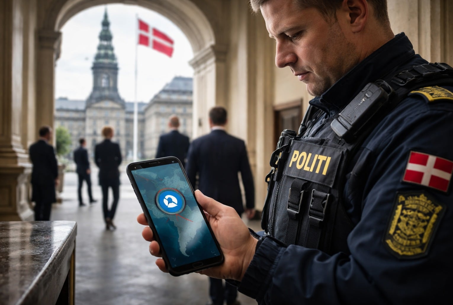Un policier danois désactive le Bluetooth sur son smartphone, sur fond d’institutions à Copenhague, en pleine tension autour du Groenland.