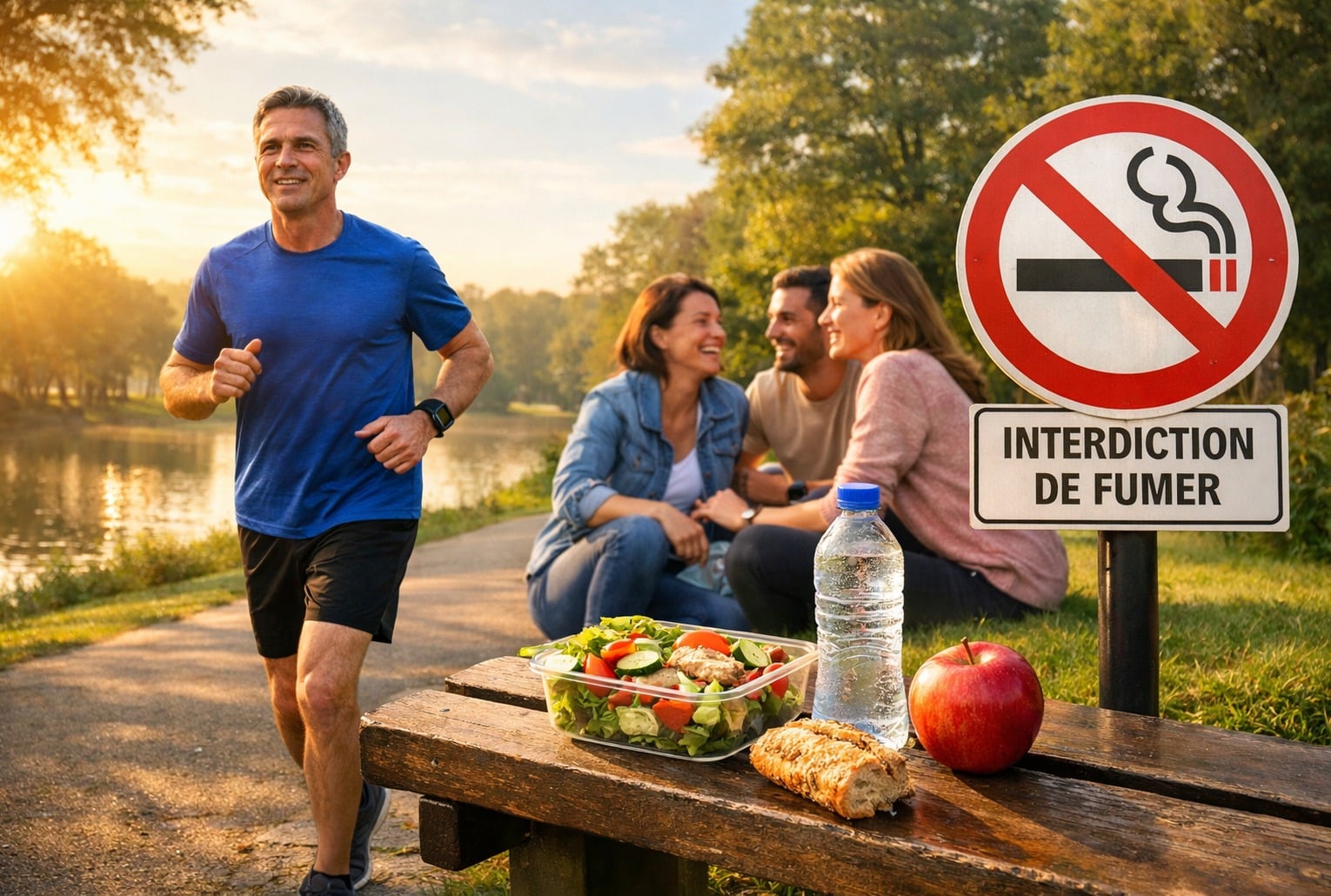 Dans un parc au lever du soleil, sport, alimentation saine, lien social et arrêt du tabac illustrent des habitudes associées à la longévité.