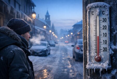 Rue enneigée dans une ville française au crépuscule, souffle visible d’un passant emmitouflé, thermomètre givré indiquant un froid intense.