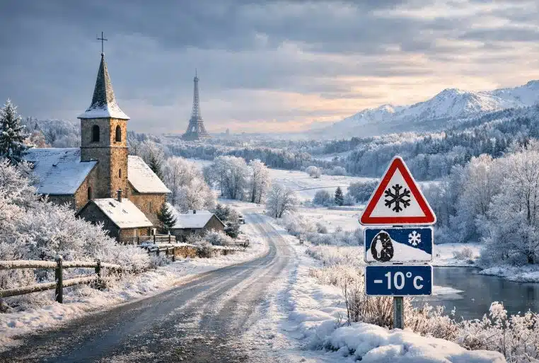 Route de campagne verglacée en France, village enneigé et panneau de danger “neige” indiquant –10 °C, ciel d’hiver.