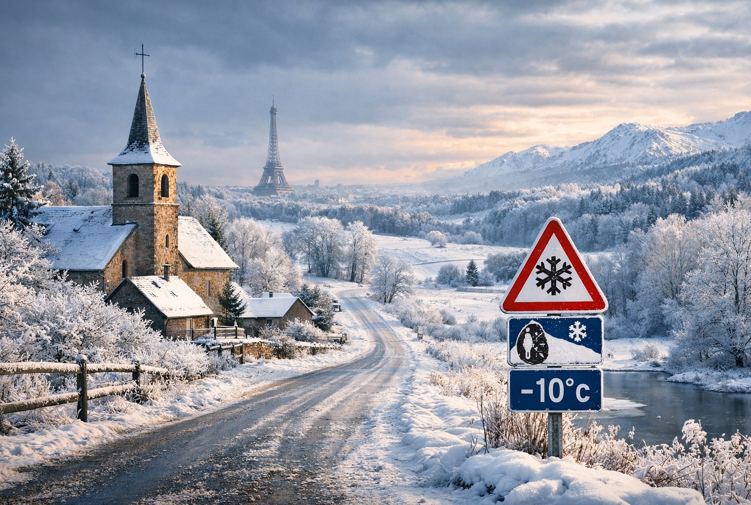 Route de campagne verglacée en France, village enneigé et panneau de danger “neige” indiquant –10 °C, ciel d’hiver.