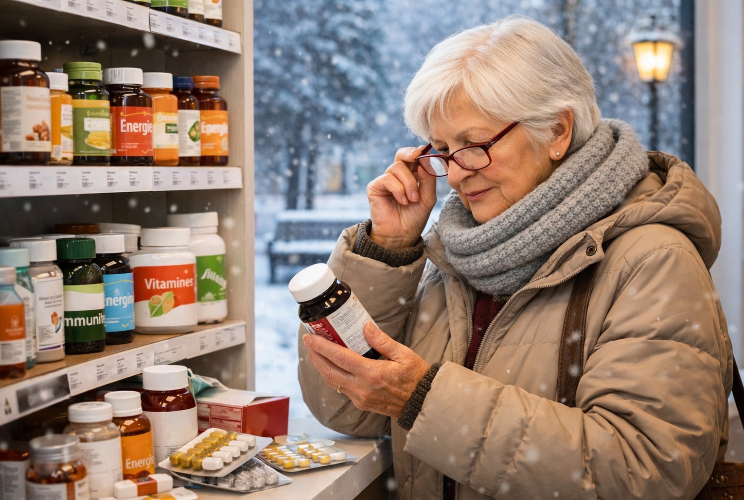 Senior en pharmacie lisant l’étiquette d’un flacon de compléments alimentaires, avec un décor hivernal en arrière-plan.