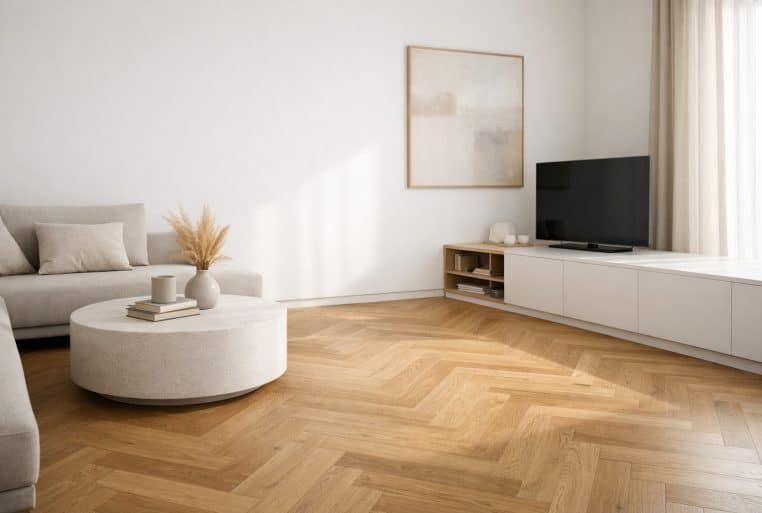 Salon contemporain minimaliste avec parquet en chêne en chevrons, murs blancs et joint creux créant une fine ligne d’ombre au ras du sol.