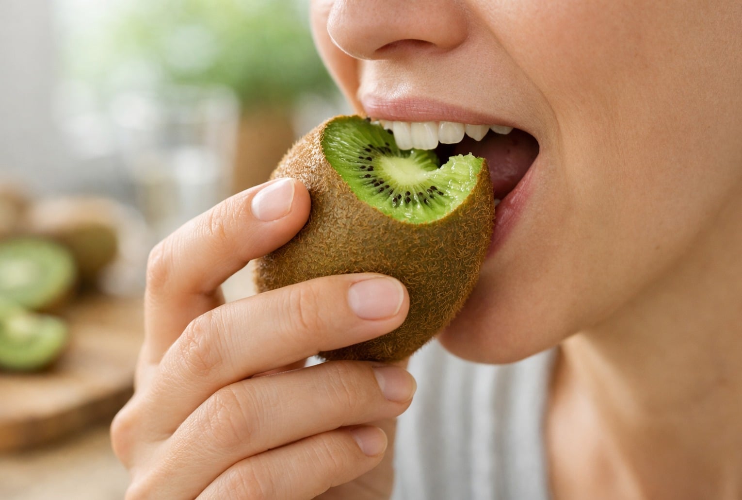Gros plan d’une personne croquant un kiwi vert avec la peau, la chair verte et les graines visibles.