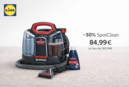 Visuel sobre Lidl avec le nettoyeur de taches BISSELL SpotClean et la mention -50 % à 84,99 €.