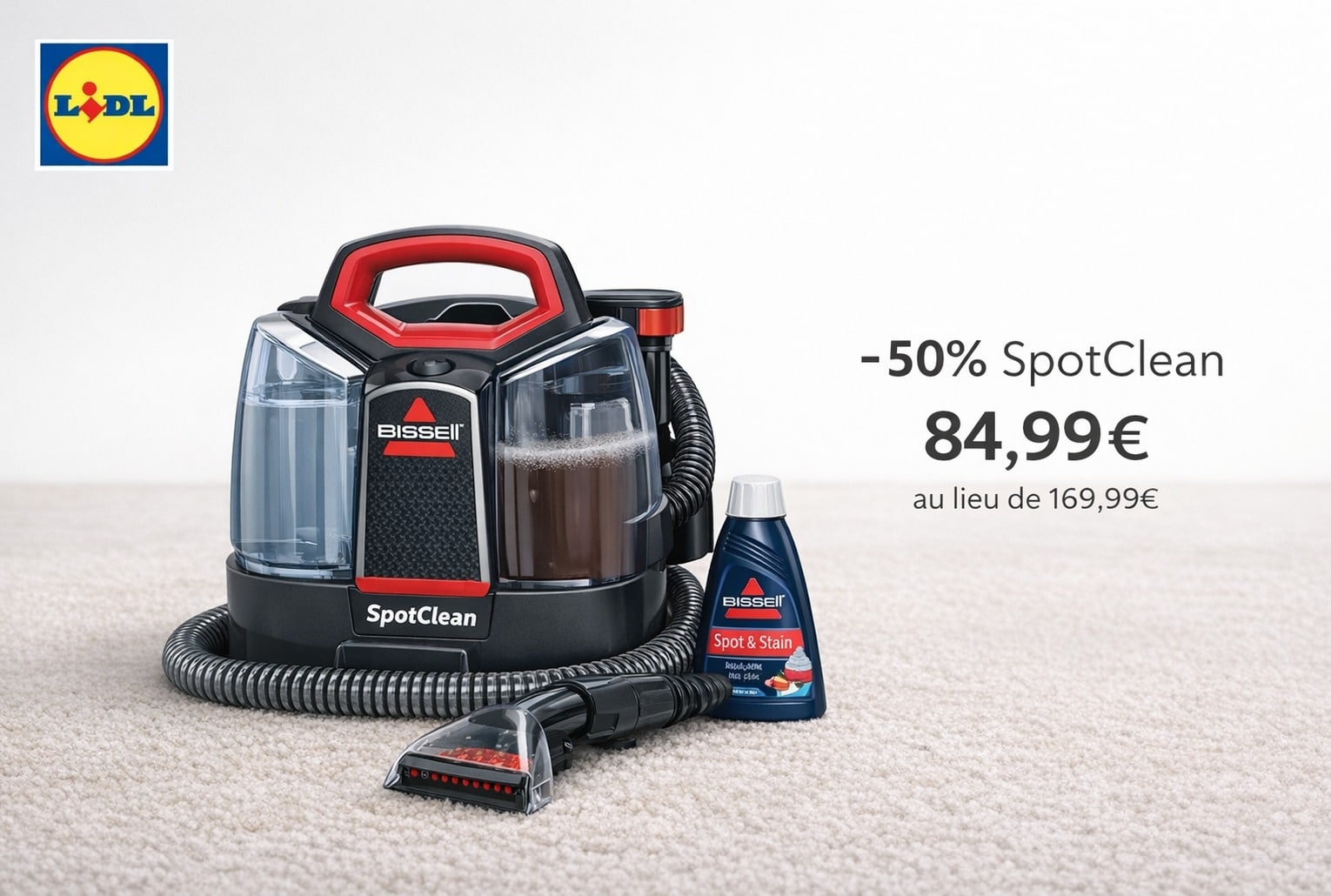 Visuel sobre Lidl avec le nettoyeur de taches BISSELL SpotClean et la mention -50 % à 84,99 €.