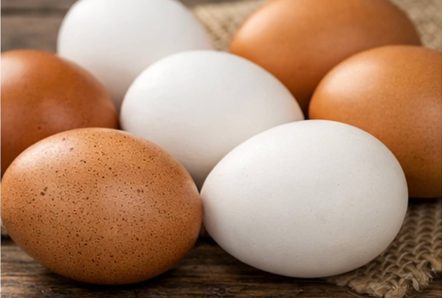 Gros plan d’œufs blancs et bruns posés sur une table en bois.