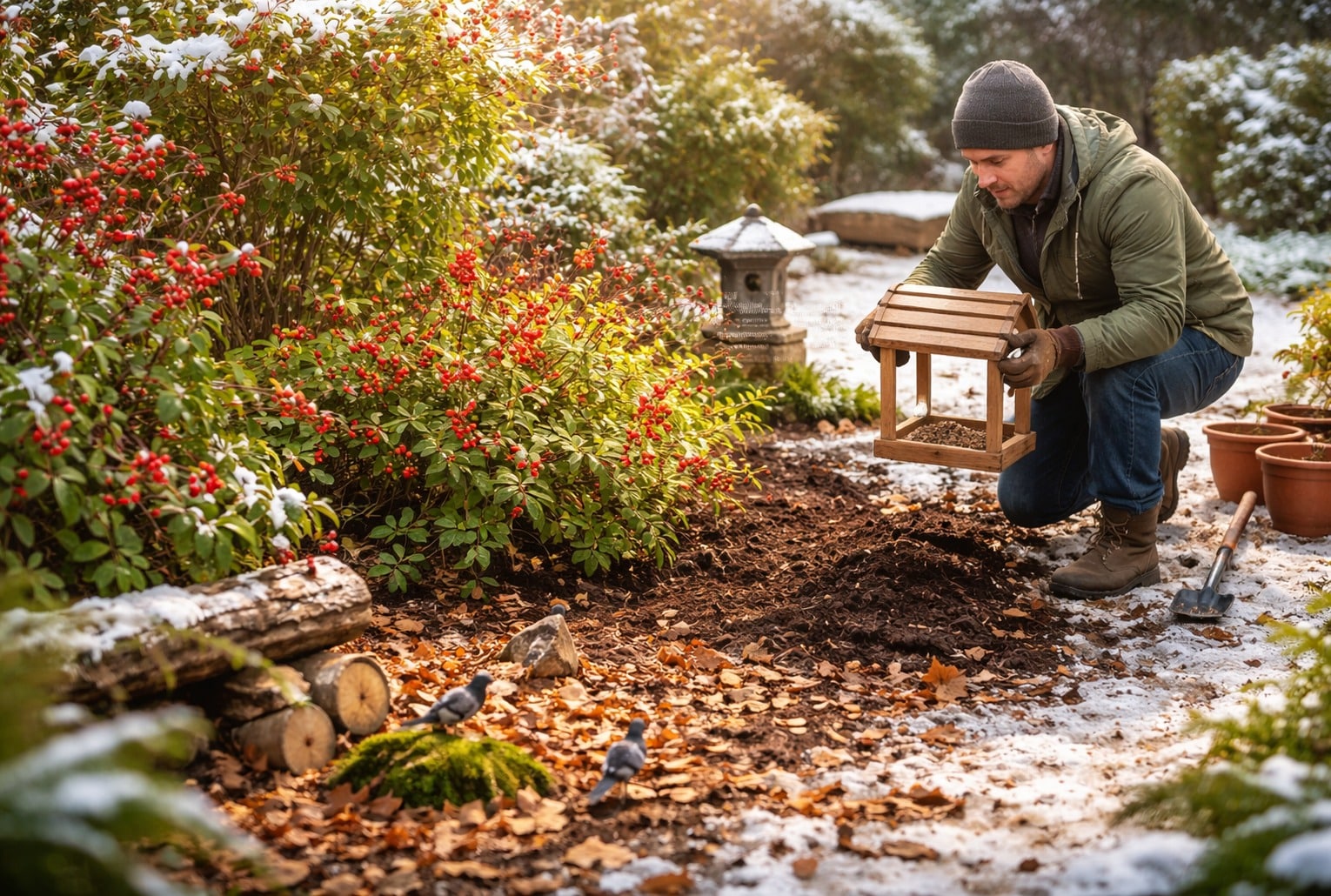 Nourrissage des oiseaux en hiver : un jardinier retire une mangeoire et plante un arbuste à baies sous la neige