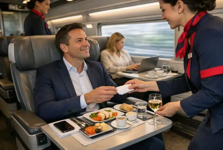 Agent de bord servant une lingette rafraîchissante à un voyageur en première classe dans un TGV, avec repas froid présenté en vaisselle et verre sur tablette.