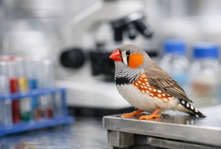 Diamant mandarin en laboratoire, plumage orangé lié à la phéomélanine