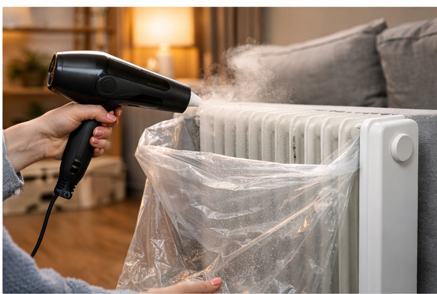 Main tenant un sèche-cheveux soufflant sur un radiateur, avec un sac plastique placé dessous pour récupérer la poussière.