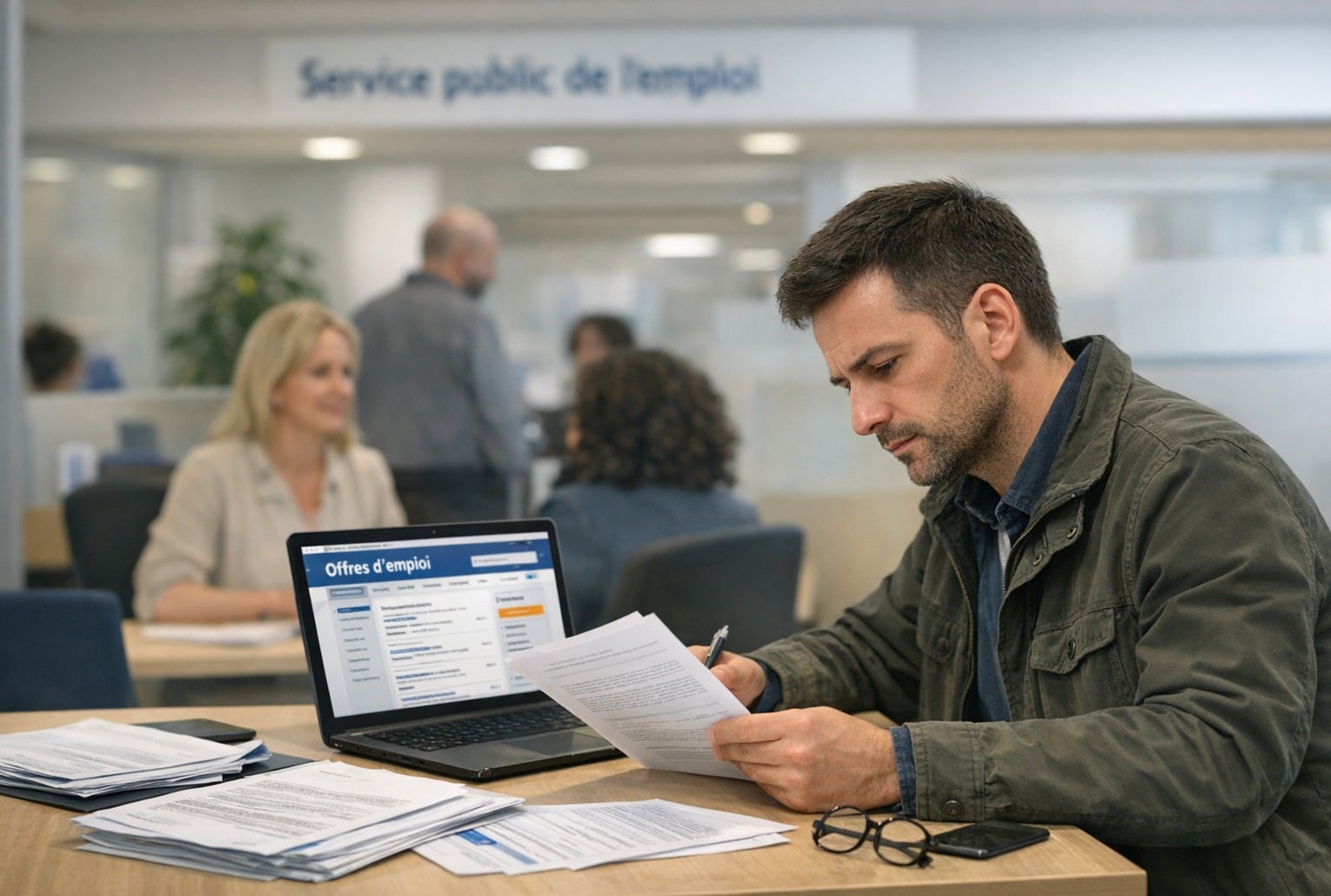 Demandeur d’emploi consultant des offres sur ordinateur et des documents lors d’un rendez-vous dans une agence d’accompagnement à l’emploi.