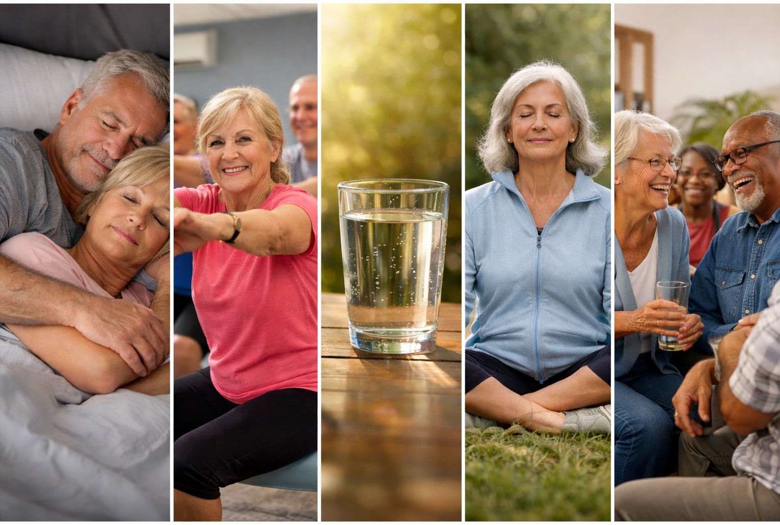 Un montage montrant des seniors actifs dormant, faisant de l’exercice, buvant de l’eau, méditant et socialisant.