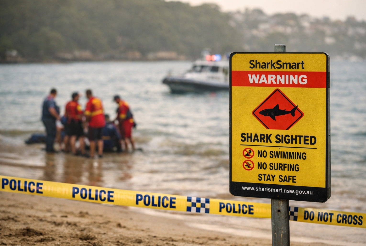 Panneau d’alerte SharkSmart et ruban de police à Shark Beach, dans le port de Sydney, après un incident impliquant un requin.