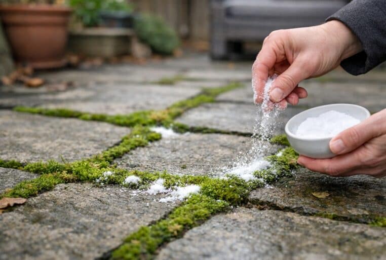 Main saupoudrant du bicarbonate de soude sur une terrasse envahie de mousse entre les dalles