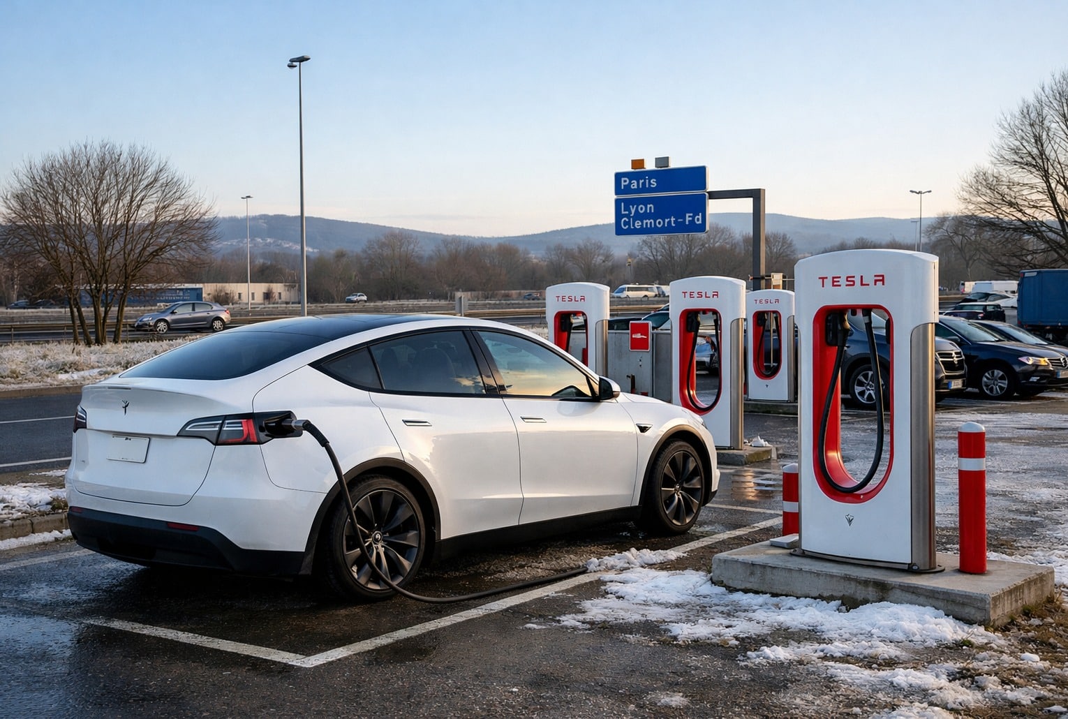 Tesla Model Y en recharge rapide sur une aire d’autoroute en France